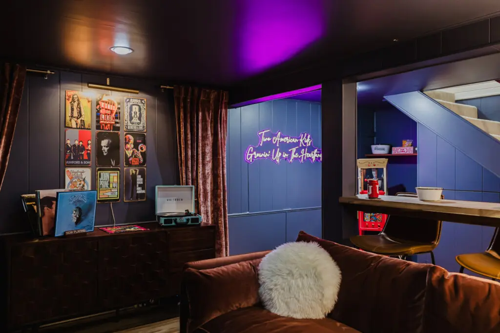 Linden House Bluebird music lounge themed bedroom luxury rental Bloomington Indiana